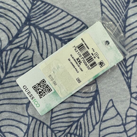 Guess Mens Leaf Print Hemp Blend Short Sleeve Polo Shirt Blue 2XL - Picture 3 of 5